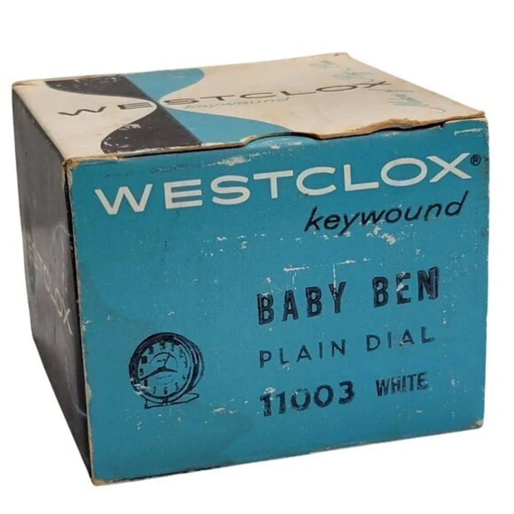 Vintage Westclox Baby Ben Keywound Alarm Clock Model 11003 White & Gold With Ori